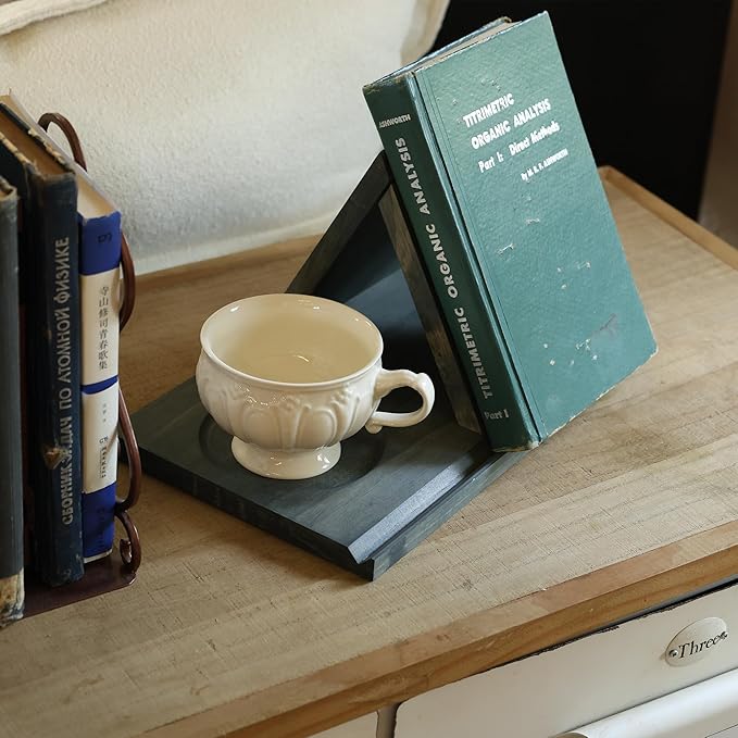 Wooden Book Holder with Drink Holder, Wooden Triangle Bookmark Reading Rest with Slotted, Book Display Bookmark Book Holder Decor for Coffee and Book Lover Gifts (Greenish Gray)