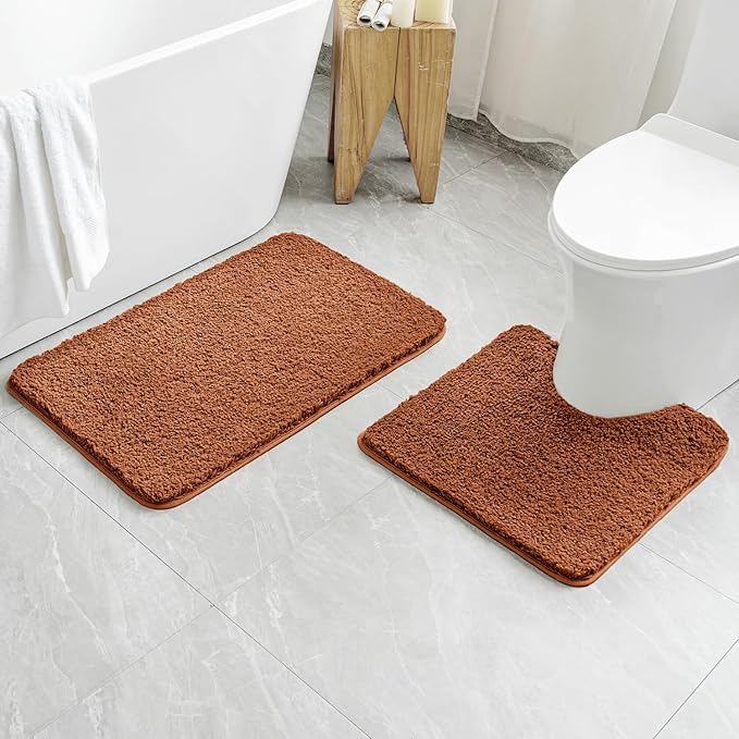 MIULEE Burnt Orange Microfiber Toilet Bath Mat U-Shaped Contour Shaggy Bathroom Rugs Non Slip Extra Thick Soft Bath Rug Absorbent Water for Bathroom Commode Machine Washable(24x24 Inch)