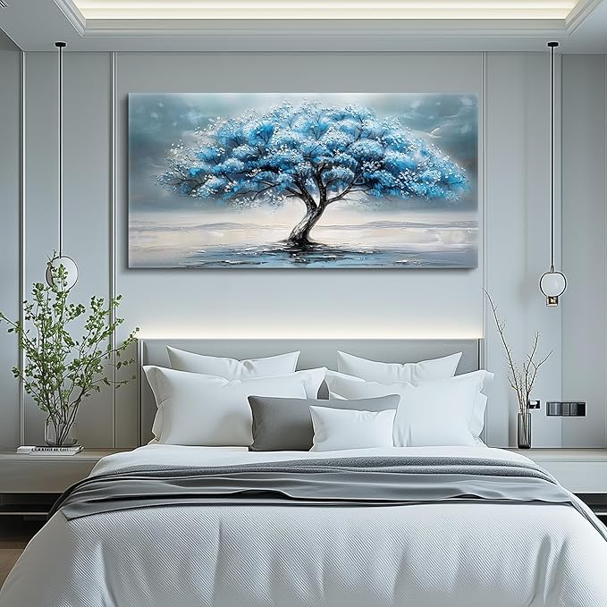 FUHAIHUA Large Wall Decor For Living Room Canvas Wall Art For Bedroom Office Decorations Blue Tree Paintings Abstract Wall Pictures Artworks ReadyTo Hang Framed Mural Home Decor Posters Art 60"X30"