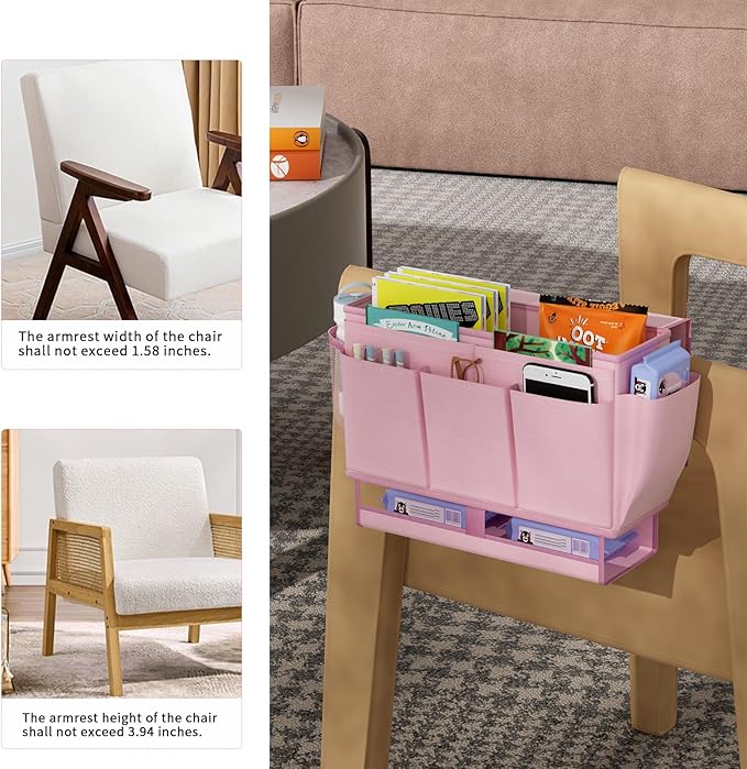 Bedside Caddy Bedside Organizer,Bed Caddy with 11 Pockets and Power Strip Holder,Versatile Bedside Storage Caddy for Home,Dorm,Bunk,Hospital,Crib Bed (Pink)