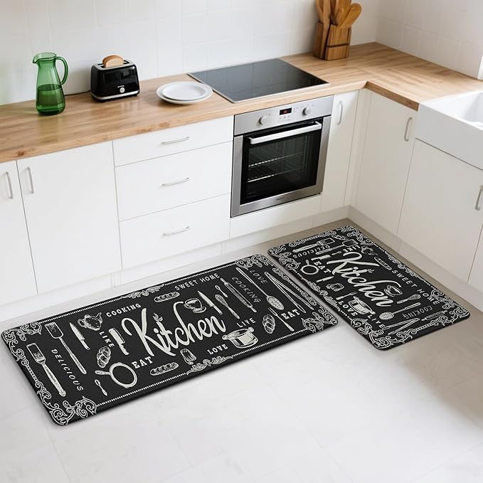 GENIMO Anti Fatigue Kitchen Mats for Floor, Non Slip Washable Kitchen Theme Rugs sets of 2, Farmhouse Cushioned Waterproof Comfort Runner Rug for Kitchen, Sink, Desk, Laundry, 17"x 59"+17"x 30", Black