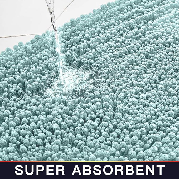 Walensee Bathroom Rug 2 Pieces Set Non Slip Bath Mat (17x24 Plus 20x32 Inch spa Blue) Water Absorbent Super Soft Shaggy Chenille Machine Washable Dry Extra Thick Perfect Carpet for Shower Floor