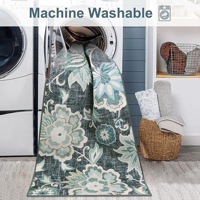 Beeiva Floral Entry Rugs for Inside House,2x3 Non Slip Washable Kitchen Rug Front Door Mat, Ultra Thin Doormat Non-Shedding Throw Carpet for Bedroom Bathroom (Blue,2'x3')