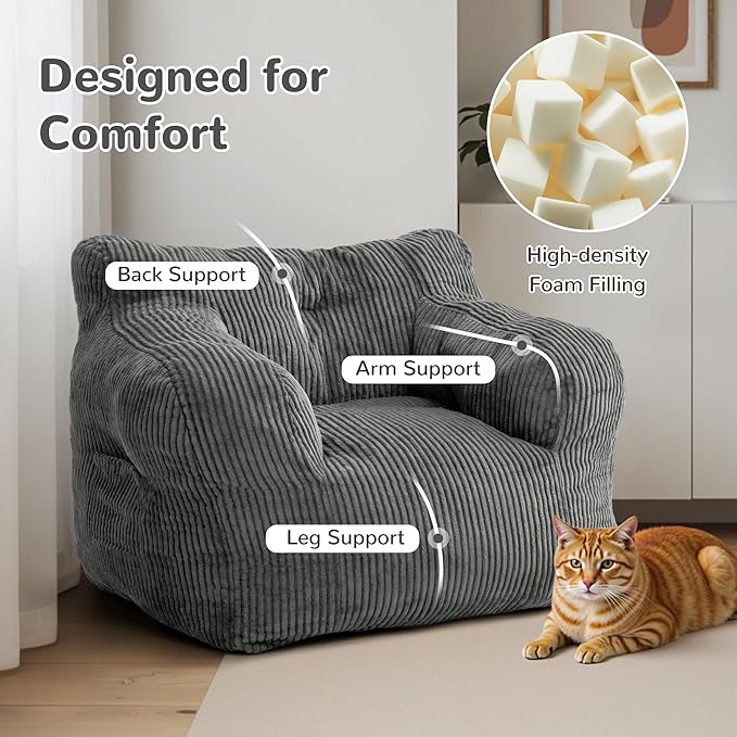 32" Bean Bag Chair,Loveseat Sofa,Corduroy Lazy Sofa Bed for Adults,Fit Living Room, Bedroom,Outdoor Spaces,Ultra Soft Dutch Velvet,Fluffy Comfort Washable Cover,72h Rebound,Grey