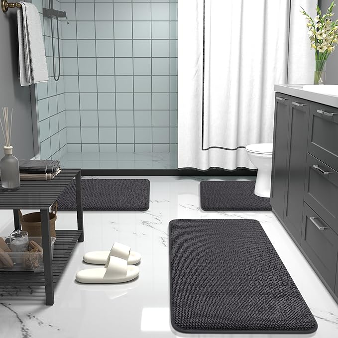 OLANLY Thick Memory Foam Bath Mat Rug 24x16, Extra Soft Absorbent Bathroom Rug, Quick Dry Bath Mats, Non-Slip, Machine Washable Carpet for Bathroom, Tub and Shower, Home Decor Accessories, Dark Grey