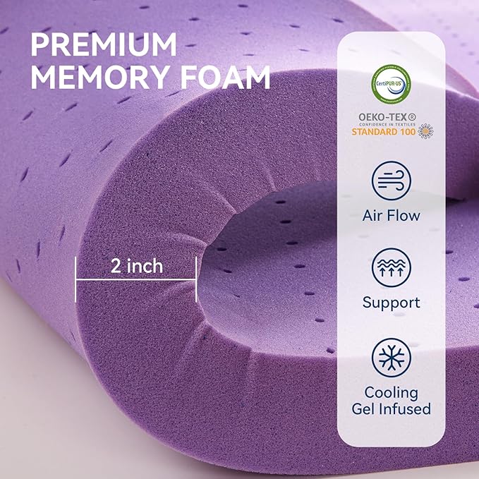 BDEUS Dual Layer 5 Inch Memory Foam Mattress Topper Queen Size, 2 Inch Gel Memory Foam Plus 3 Inch 1450 GSM Down Alternative Quilted Pillow Top Mattress Pad Cover,Dark Gray