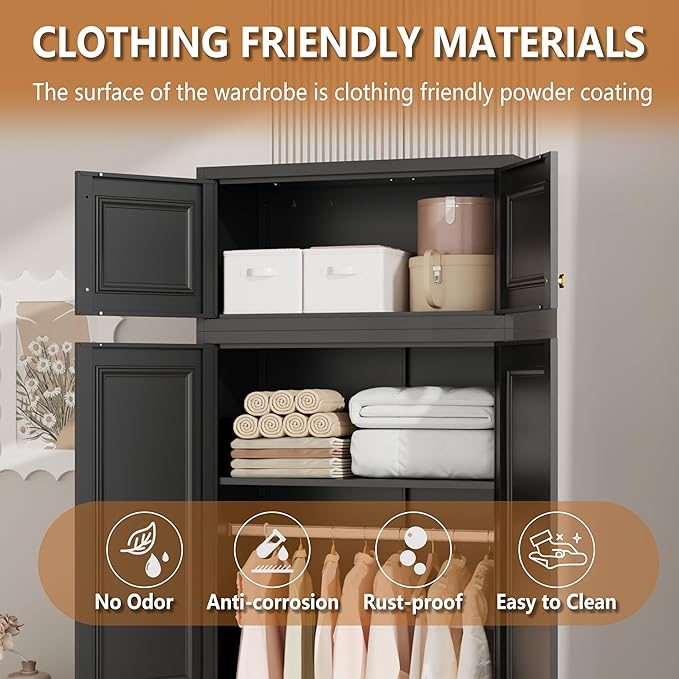 Metal Armoire Closet, 86 Inch Tall Wardrobe Armoire with Hanging Rod, Wardrobe Closet for Clothes with Doors, 18" D x 32" W x 86" H,Black, Assemble Required, Shipped in Two Packages