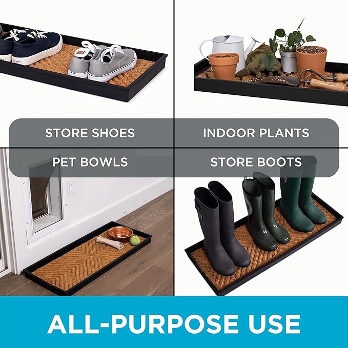 BIRDROCK HOME Rubber Boot & Shoe Tray | Coir Insert | 34" x 14" | Waterproof Shoe Tray for entryway | Embossed Pattern
