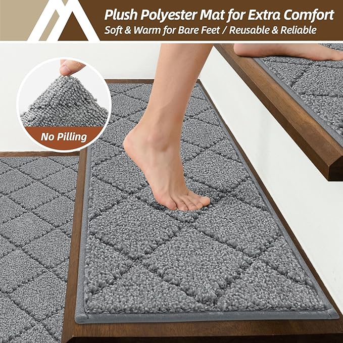 COSY HOMEER Stair Treads for Wooden Steps 9"x28" Washable Indoor Carpet Stair Treads Non Slip Soft Polyester Stair Carpet Tread Reusable Stair Runner Rugs for Kids, Elders,Pets,Medium Grey,7pcs