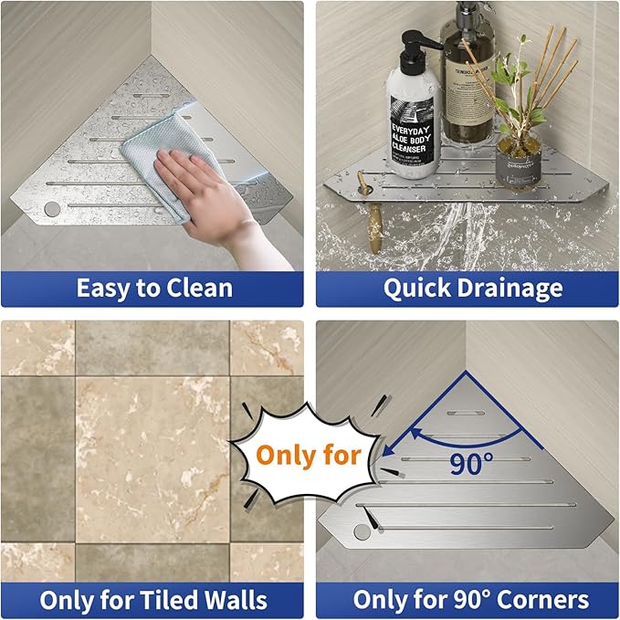 Corner Shower Shelves, Pentagonal Grout in Shelf w/Razor Holding Hole, 304 Stainless Steel Bathroom Shelf (Brushed)