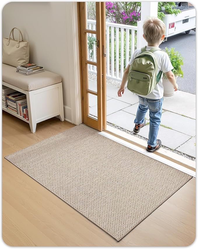 Color&Geometry Ultra-Thin Indoor Door Mat, 27"x59" Low-Profile Non-Slip Entryway Rug with Modern Geometric Texture, Washable Doormat for Entrance, Front Doors, Khaki (Rolled-up NO Creases)