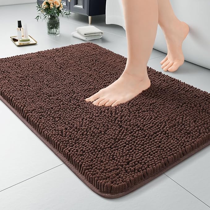 LOCHAS Luxury Bathroom Rug Shaggy Bath Mat 24 x 36 Inch, Washable Non Slip Bath Rugs for Bathroom Shower, Soft Plush Chenille Absorbent Carpets Mats, Brown