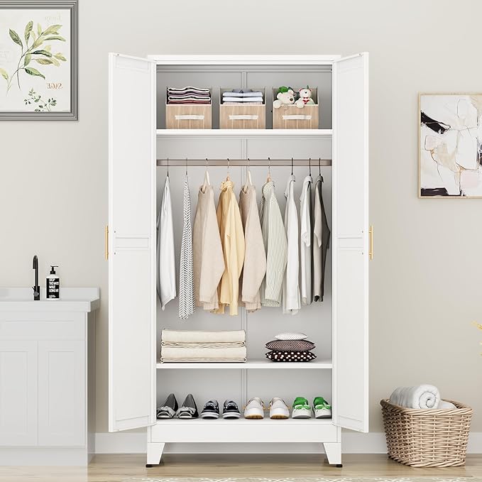 Metal Armoire Wardrobe Closet Storage Cabinet with Hanging Rod,71'' Metal Wardrobe Cabinet with 2 Doors and 2 Adjustable Shelves for Bedroom, Laundry Room, Cloak Room