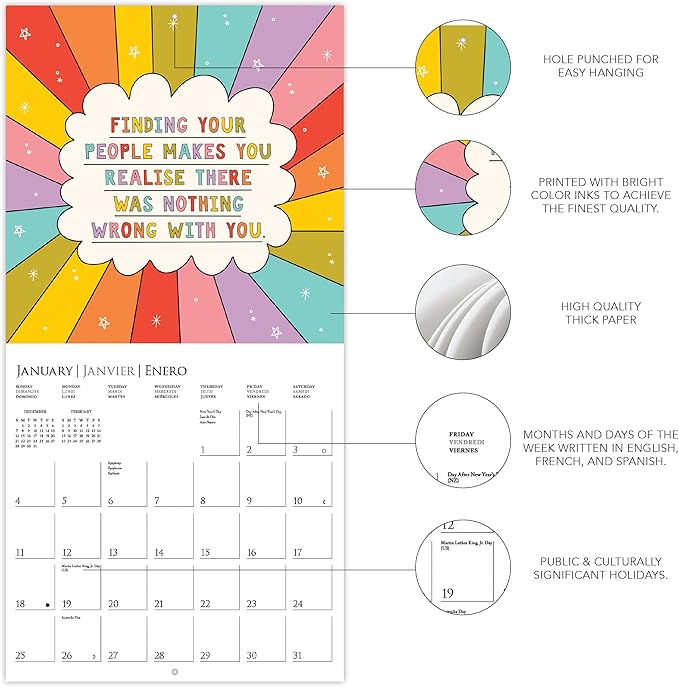 Graphique 2026 The Positive Calendar Wall Calendar | 12” x 12” | Thick Paper | Home & Office Organizer | Large Monthly Grid | 3 Languages & Marked Holidays | 4 Month Preview Page for 2027