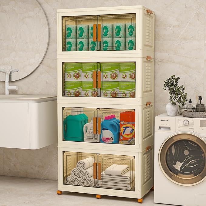 Plastic Stackable Storage Bins with 2 Lids and Wheels, 912QT-152QT*6Tier Foldable Closet Organizers and Containers, Collapsible Clear Drawer Storage Cabinet with Doors Ivory White