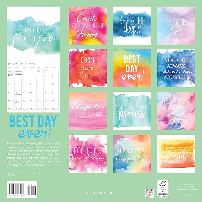 Graphique 2026 Best Day Ever Wall Calendar | 12” x 12” | Thick Paper | Home & Office Organizer | Large Monthly Grid | 3 Languages & Marked Holidays | 4 Month Preview Page for 2027