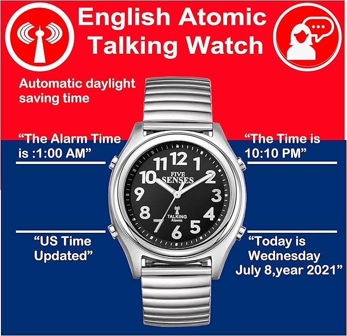 FIVE SENSES Atomic Talking Watch Seniors Men Women Loud Talking Sound Alarm for Visually Impaired