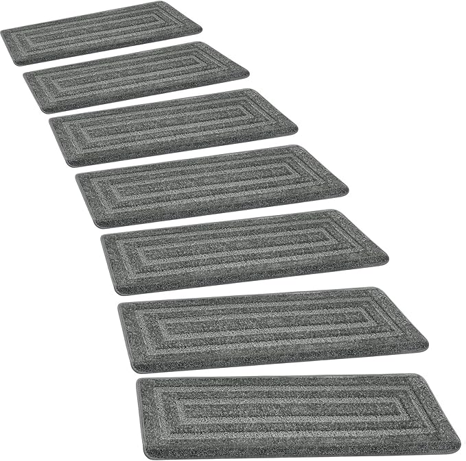 PURE ERA Bullnose Carpet Stair Treads Set Tape Free Non-Slip Indoor Stair Protectors Pet Friendly Rugs 9.5" x 30"(7 Pieces,Grey Rectangular)