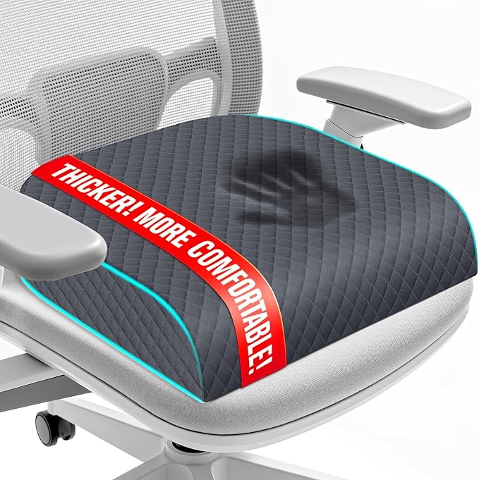 Seat Cushion, Memory Foam Chair Pad, Non-Slip Cushion for Office, Home, Car, Large Desk Chair Cushion, Washable Cover & Handle, Large, Grey