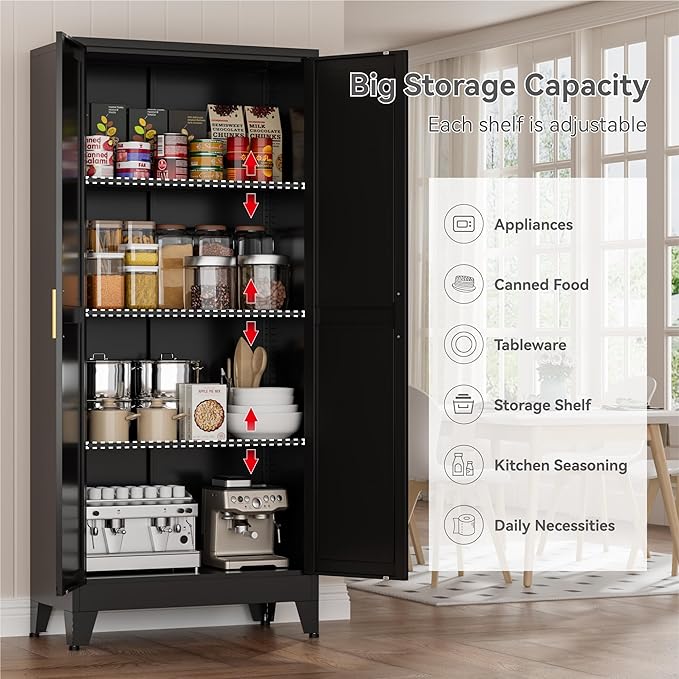 61" Black Metal Storage Cabinet, Farmhouse Pantry Cabinet with 2 Vintage Barn Doors and 3 Adjustable Shelves, Rustic Freestanding Cupboard for Kitchen,Home Office Living Room,Dining Room