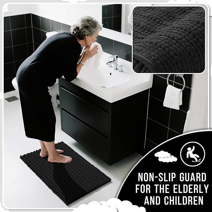 Yimobra Bathroom Rugs Sets 2 Piece - Quick Dry Extra Thick Luxury Chenille Bath Mat, Non Slip Super Absorbent for Tub Shower Sink, Machine Washable Shaggy Floor Mat, 24"x17+24"x20" Inch, Black