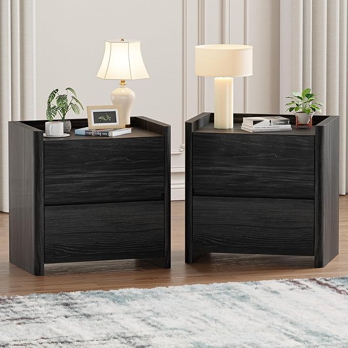 Nightstand with 2 Storage Drawer, Modern End Table for Bedroom with Cut-Out Handle, Large Night Stands for Bedroom, Home Office, Set of 2, Dark Grey