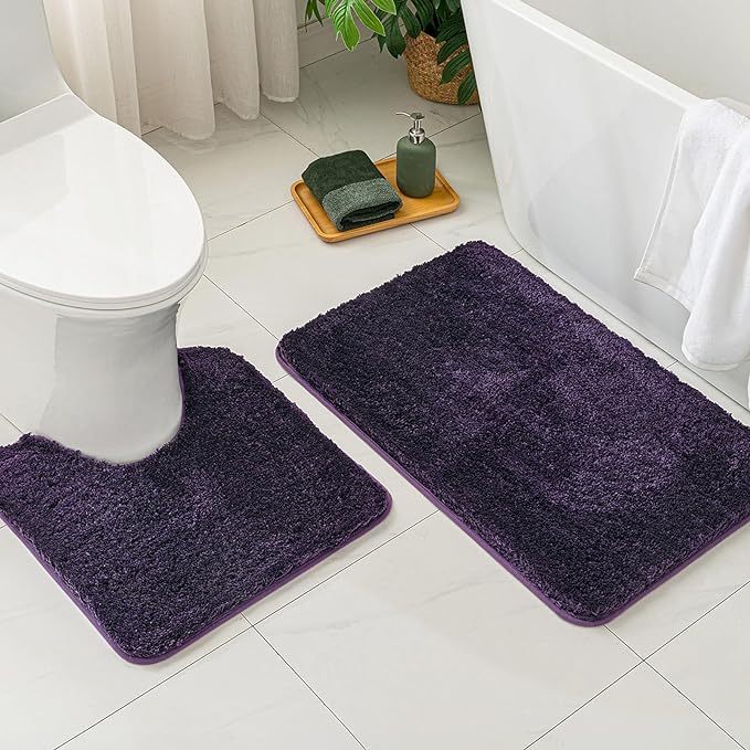 MIULEE Toilet Rug U Shaped for Bathroom - Soft and Absorbent Microfiber Contour Bath Rugs for Toilet, Non Slip Rubber Backside for Extra Safety, Machine Washable - Dark Purple, 20''x24''
