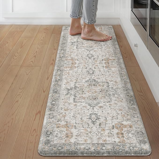 GENIMO Kitchen Mats for Floor, Washable Anti Fatigue Mat for Cushioned, Waterproof Kitchen Rugs, 17.3"x59", Non Slip Comfort Standing Mat Rug for Home, Runner, Sink, Office, Laundry, LightTaupeBrown