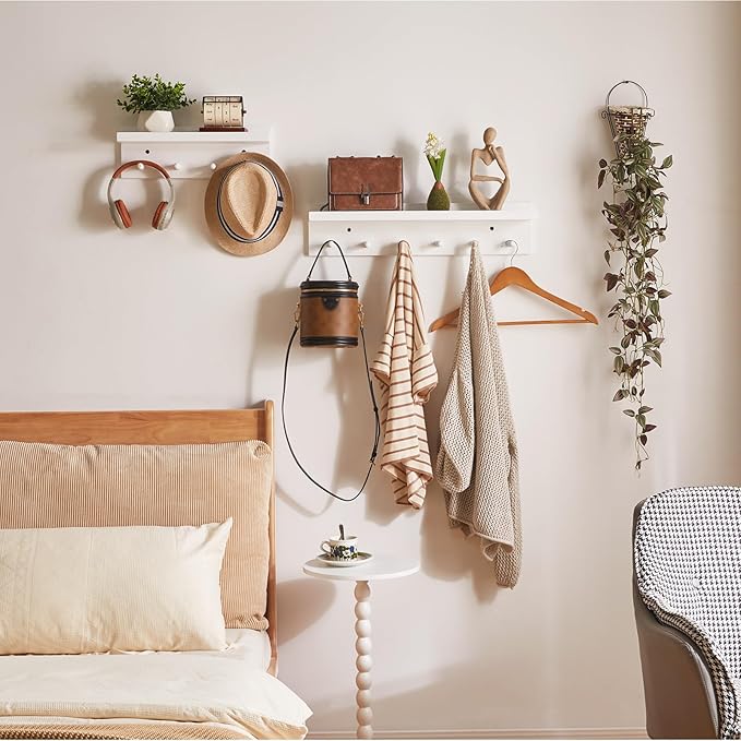 Wood Coat Hook with Wall-Mounted Shelf,15.75in Entryway Wall Hanging Shelf, for Bathroom, Kitchen, Coat Towel Key Organizer White YD-WS0240W