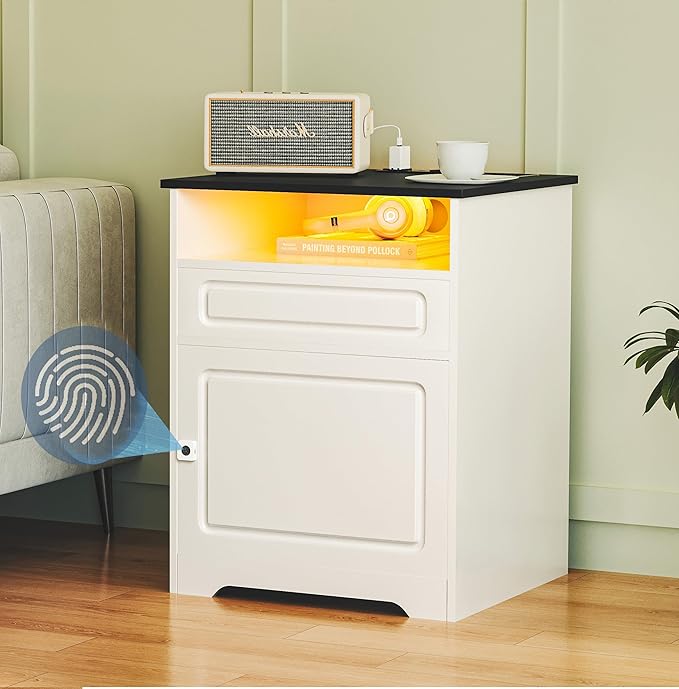 Night Stand with Charging Station,Fingerprint Lock Bedside Table with Drawers,Farmhouse End Table and Nightstand,Small Side Table for Bedroom,Living Room (White-with Fingerprint Lock, 1-Pcs)