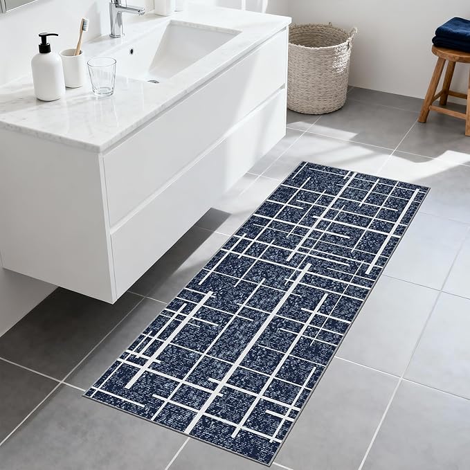 Washable Runner Rug 2x6, Blue Modern Distressed Stripe, Kitchen Runner Rug Non Slip, Woven Thin No Shed Runners for Entryway, Kitchen, Laundry Room- Blue