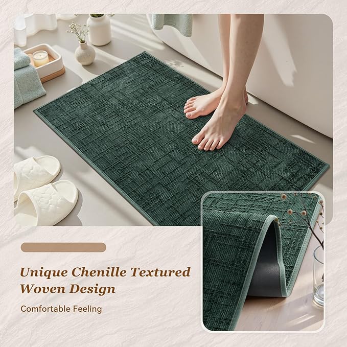 AMOAMI Bath Mat Non Slip Super Absorbent Quick Dry Bath Mats for Bathroom Floor Rubber Backing Washable Bathroom Rugs Modern Woven Jacquard Mat, Beside Tub Bath Rugs, 20" x 32", Green