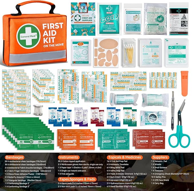 General Medi First Aid Kit - 150 Pieces Small Compact First Aid Kit Bag - Includes Instant Cold Pack, Emergency Blanket for Travel, Home, Office, Vehicle, Camping（Orange）