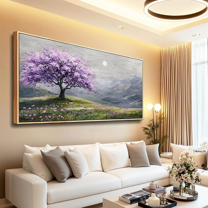 FUHAIHUA Large Wood Framed Wall Decor For Living Room Canvas Wall Art For Office Modern Wall Decorations For Bedroom Purple Tree Painting Farmhouse Pictures Artwork Room Home Decor 24x48 In