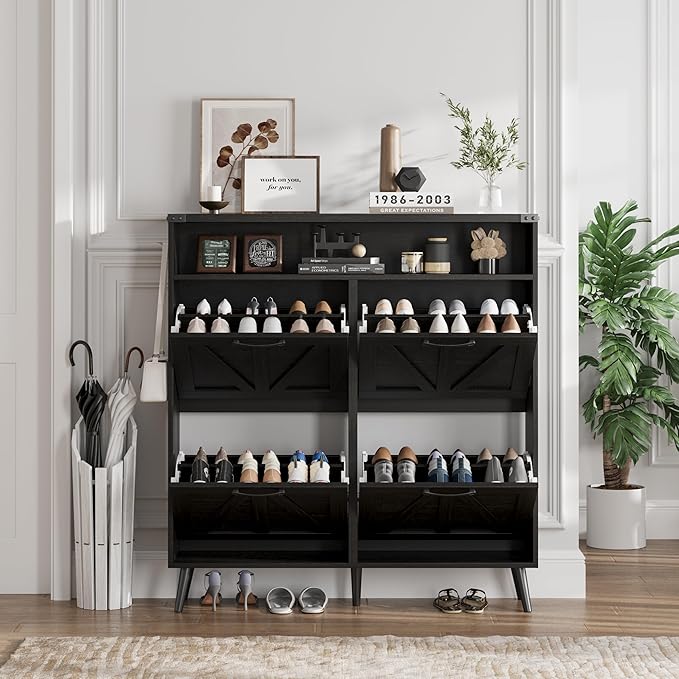 Shoe Cabinet with 4 Flip Drawers,Farmhouse Shoe Storage Cabinet for Entryway,Narrow Freestanding Organizer Rack with Open Shelves for Foyer,Hallway,Black