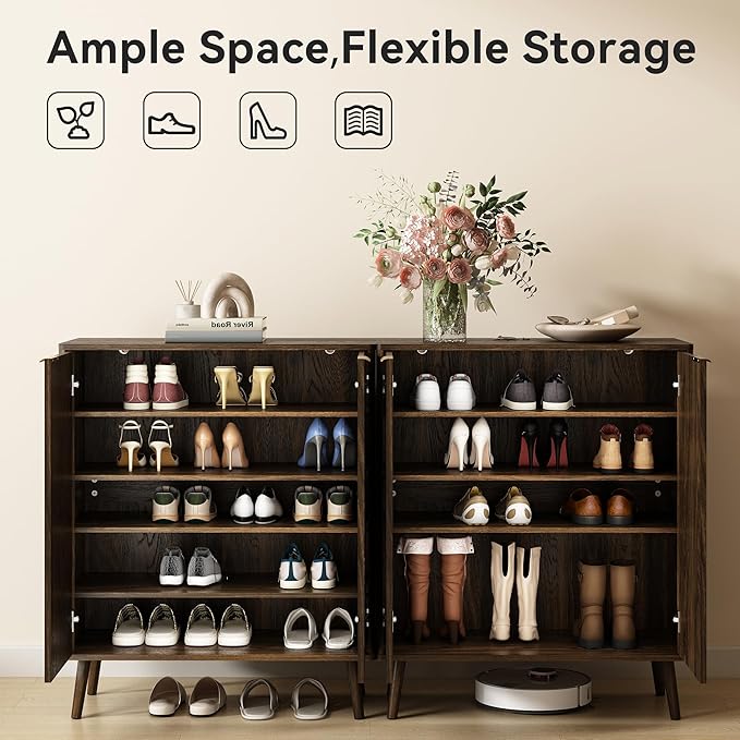 Fluted Shoe Cabinet with Doors Set of 2, 5-Tier Shoe Storage Cabinet with Adjustable Shelves, Wooden Freestanding Shoe Organizer Shoe Cabinet for Entryway,Hallway,Living Room, Walnut