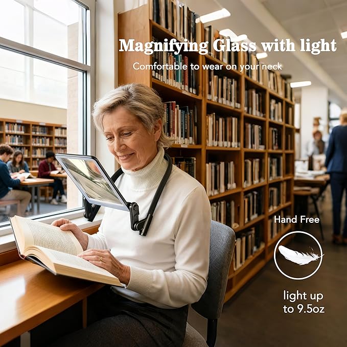 Magnifying Glass with Light for Reading,Hands Free Page Reading Magnifier for Books with 3 Color Dimmable, Neck Wear Large Screen Stand Glasses for Close Work Seniors Low Vision Rechargeable