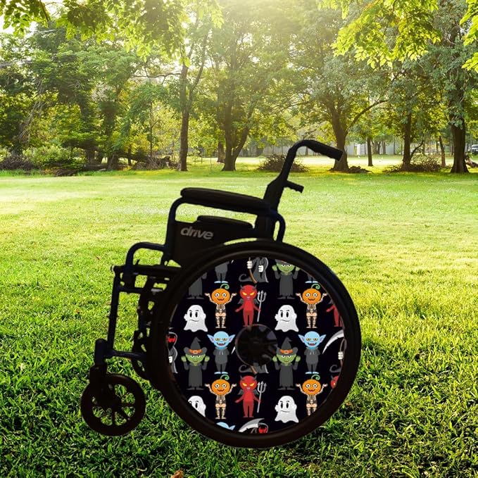 Designer Halloween Spooky Ghost Cover for Wheelchair Wheels, Enhances Aesthetics, Easy Install/Remove, Lightweight, for Boys and Adults (Happy Halloween)