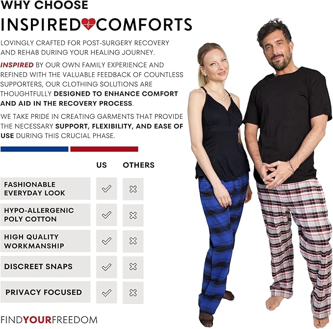 Inspired Comforts Unisex Tearaway Post Surgery Recovery Pajama Pants with Side Snaps & Pockets