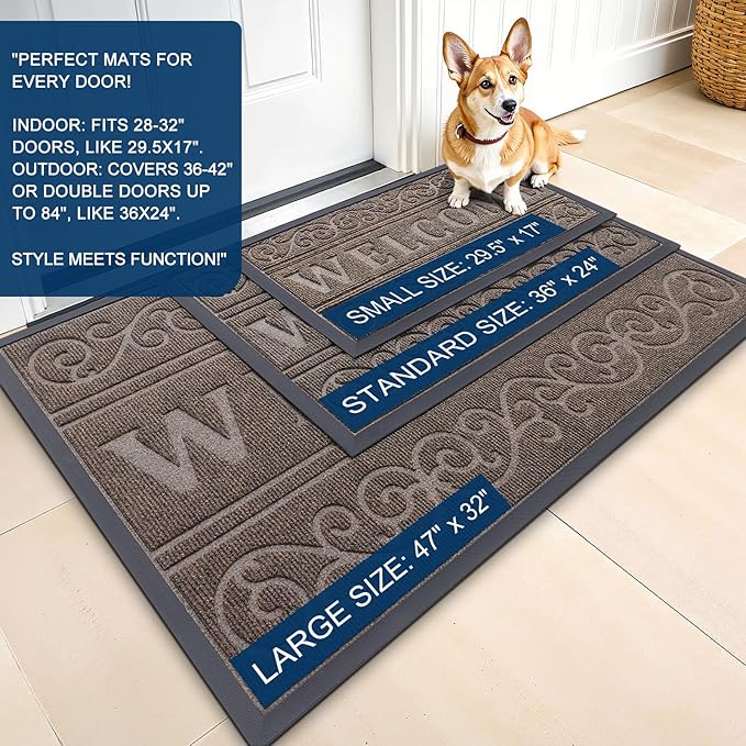 OLANLY Welcome Door Mat Indoor Outdoor Entrance, Heavy Duty Sturdy Front Door Mat, Waterproof All-Weather Doormat, Stain Resistant, Low Profile, Easy Clean Patio Entryway Mat, 47 x 32, Medium Brown