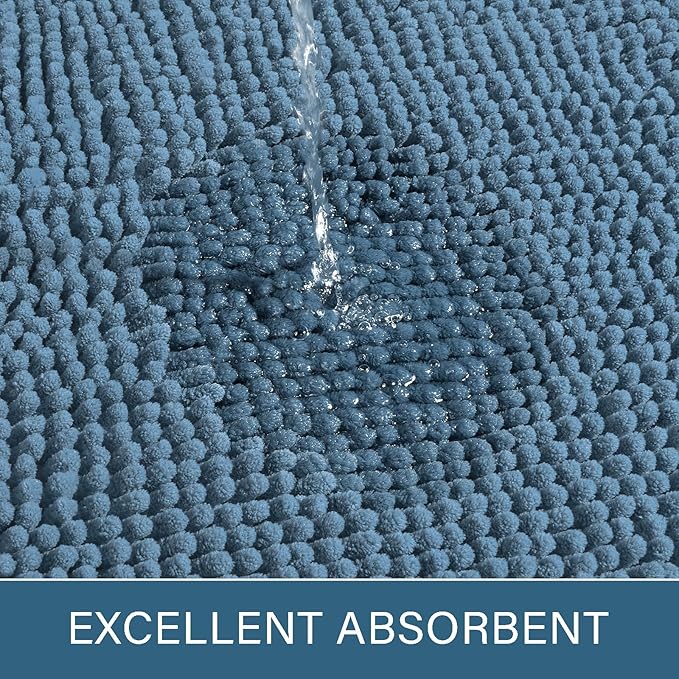 LOCHAS Luxury Bathroom Rug Shaggy Bath Mat 24 x 80 Inch, Washable Non Slip Bath Rugs for Bathroom Shower, Soft Plush Chenille Absorbent Carpets Mats, Denim Blue