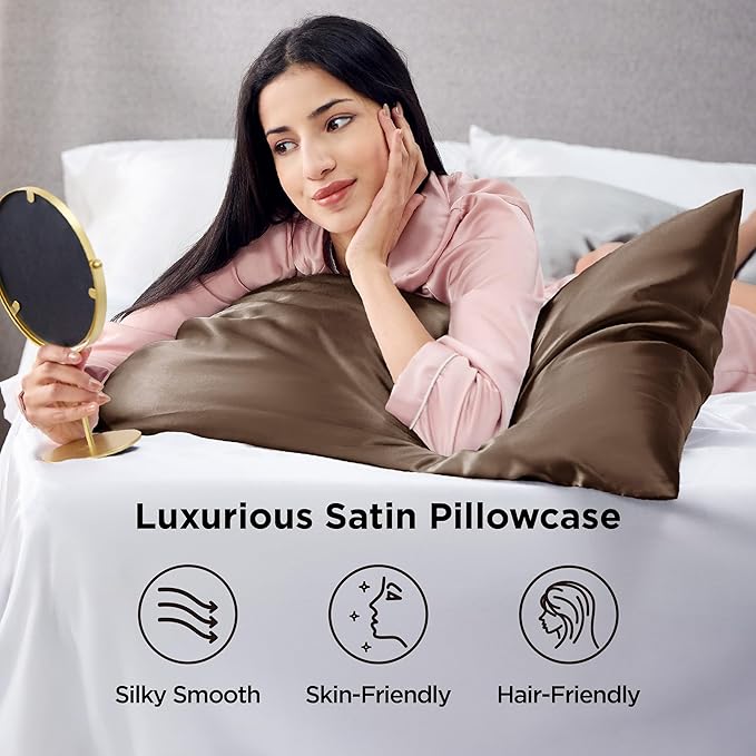 Bedsure Satin Pillowcases, Similar to Silk Pillow Cases Queen Size Set of 2, Pillow Case for Sleeping Women with Envelope Closure, Gifts for Women Men, Brown, 20x30 Inches, 2pcs