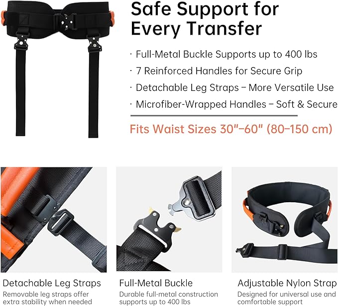 Upgraded Gait Belt with Metal Buckle, Transfer Belt with Handles and Leg Straps, Lift Belt for Seniors, Walking Support, Mobility and Elderly Assistance (Orange, Medium)