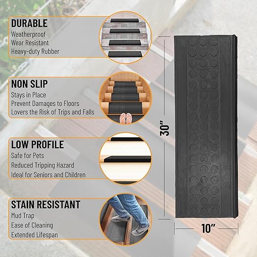 Ottomanson All-Weather Bullnose Rubber Stair Treads – Non-Slip Step Mats for Wooden, Concrete, or Outdoor Stairs, Easy Maintenance, Tool-Free Placement, Pack of 5, 10" x 30", Black Coin