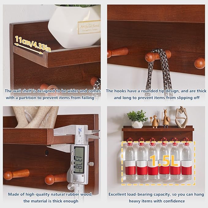Coat Hook Wall Mount with Shelf, 23.62in Wood Wall Hooks with Storage, for Entryway, Bathroom, Kitchen, Walnut Color YD-WS0260H