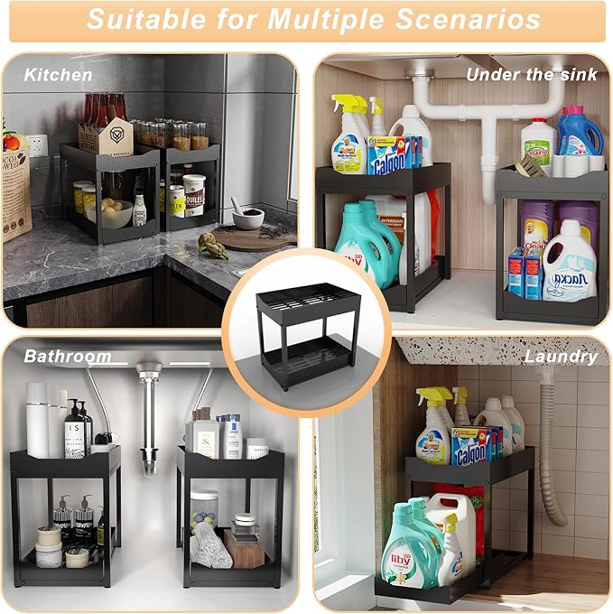 2-Tier Bathroom Organizers and Storage, Metal Under Sink Organizers,Pull Out Cabinet Organizer Shelf, Sliding Drawer for Kitchen Pantry Cabinet Closet Organization Rack (Black, 2 Pack)