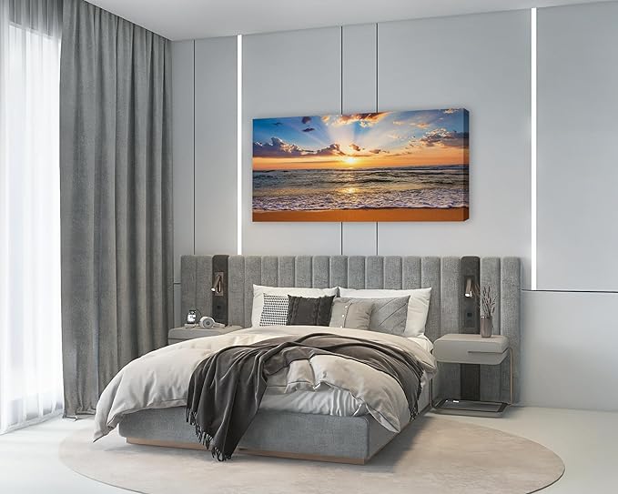Muolunna BK1898 Wall Art Decor Large Canvas Print Picture Sunrise Ocean Beach 1 Panel Waves Scenery Painting Artwork for Office Wall Decor Home Decoration Stretched and Framed Ready to Hang