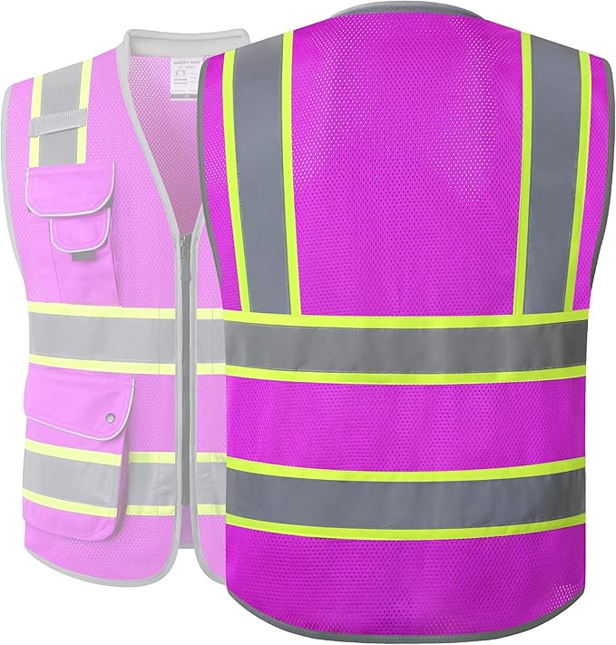 JKSafety 9 Pockets Hi-Vis Safety Vest High Visibility Reflecitive Mesh Safety Vests for Men and Women Cushioned Collar Work Utility PPE Work Gear ANSI/ISEA compliant(101-Purple XL)