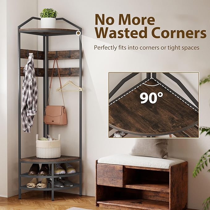 HOMCOM Corner Hall Tree, Industrial 4-Tier Coat Rack with Shoe Storage, 8 Movable Hooks and 2 Storage Shelves, Freestanding Entryway Coat Rack with Steel Frame for Hallway, Rustic Brown