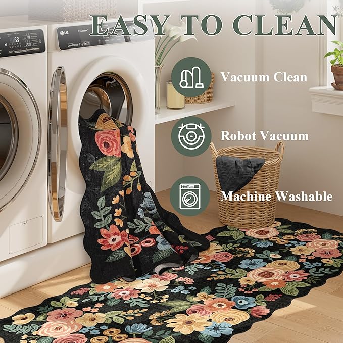 DUKINO 2x10 Runner Rug for Hallway, Washable Kitchen Rug with Non Slip Backing & Non-Shediing, Soft Low Pile Floral Design Runner for Bedroom, Kithchen, Living Room, Laundry, Bathroom, Black